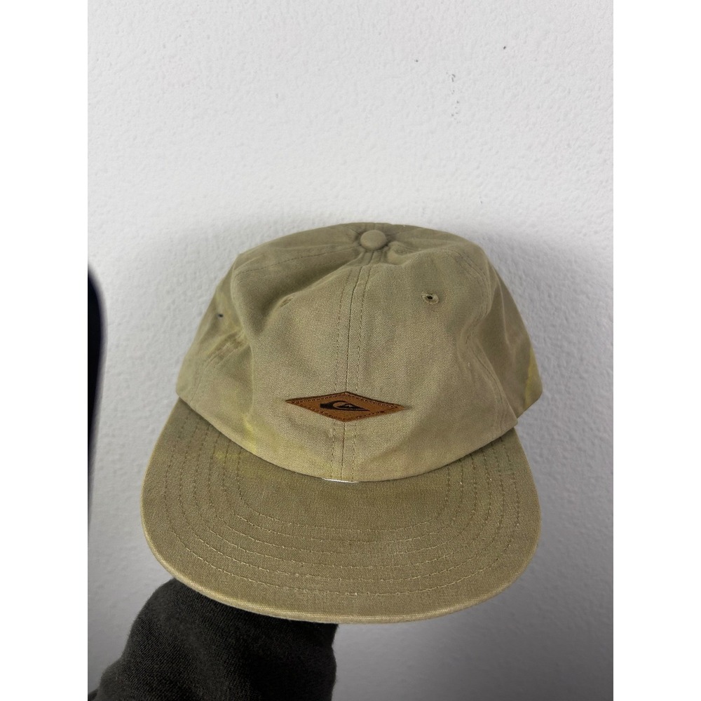 Quiksilver Mens Tan Khaki Canvas Strapback Hat Leather Logo Patch Surf Cap